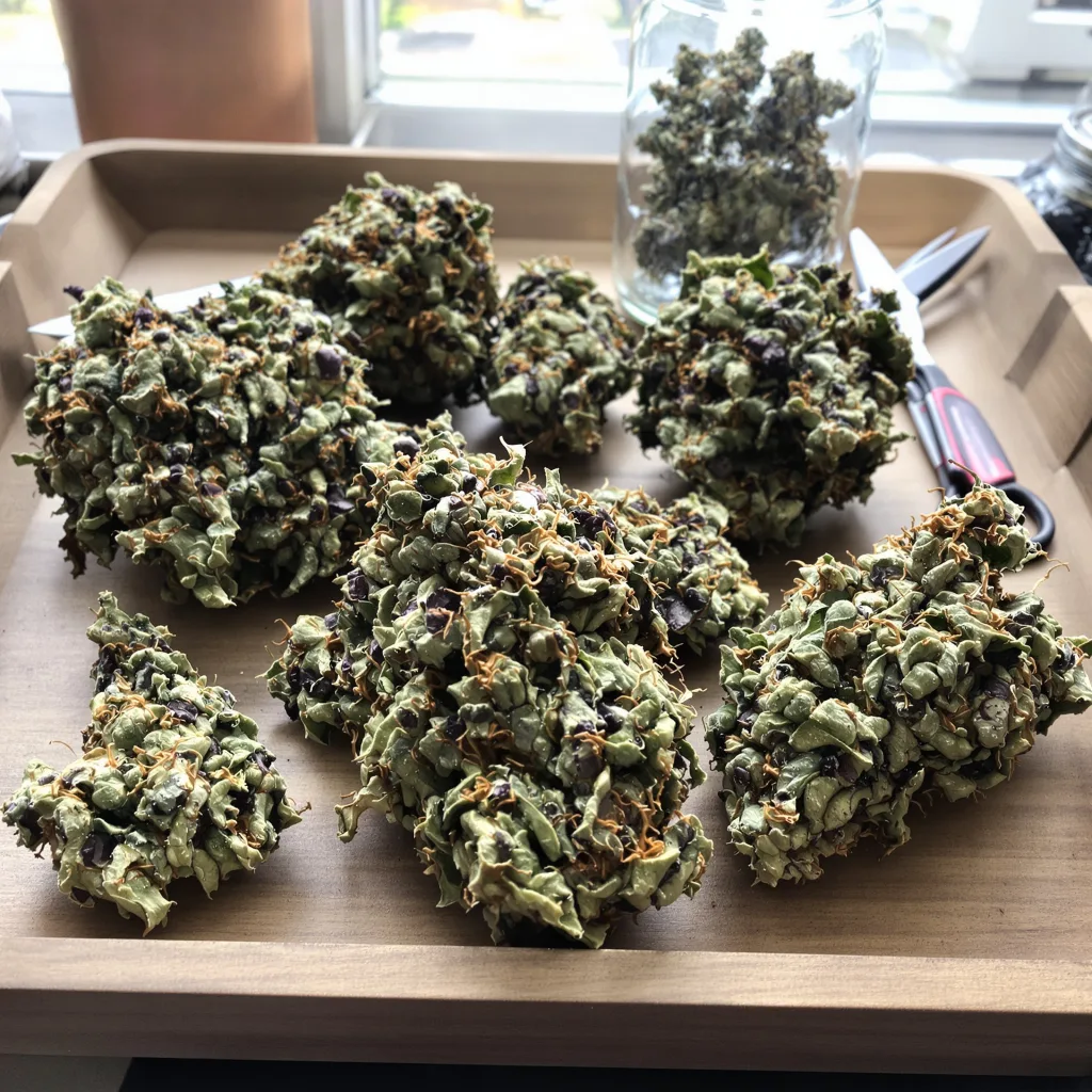 Wedding Pie 78% indica / 22% sativa — flor con tricomas visibles