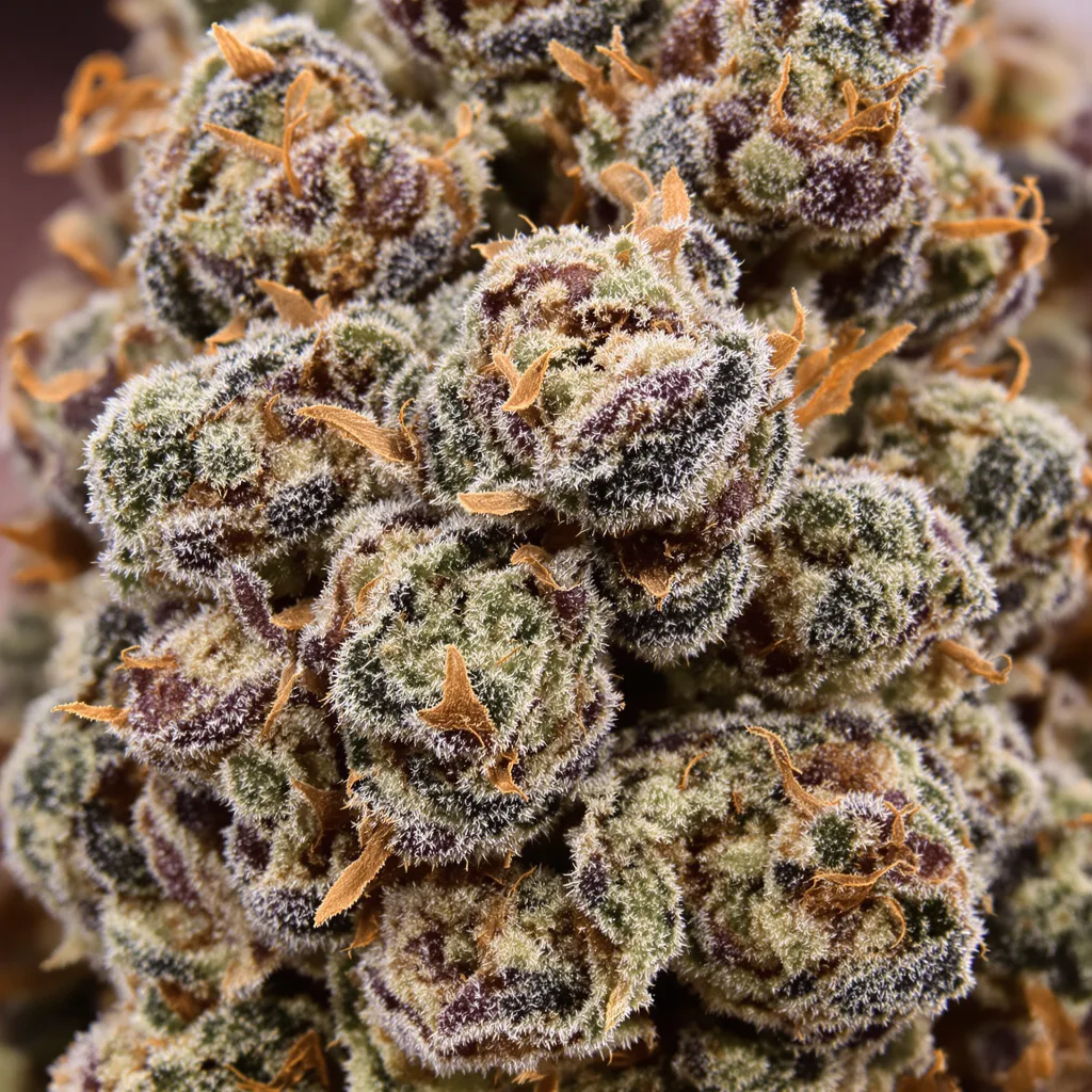 Primer plano de cogollo de cannabis Wedding Pie mostrando cálices densos con tonos morados