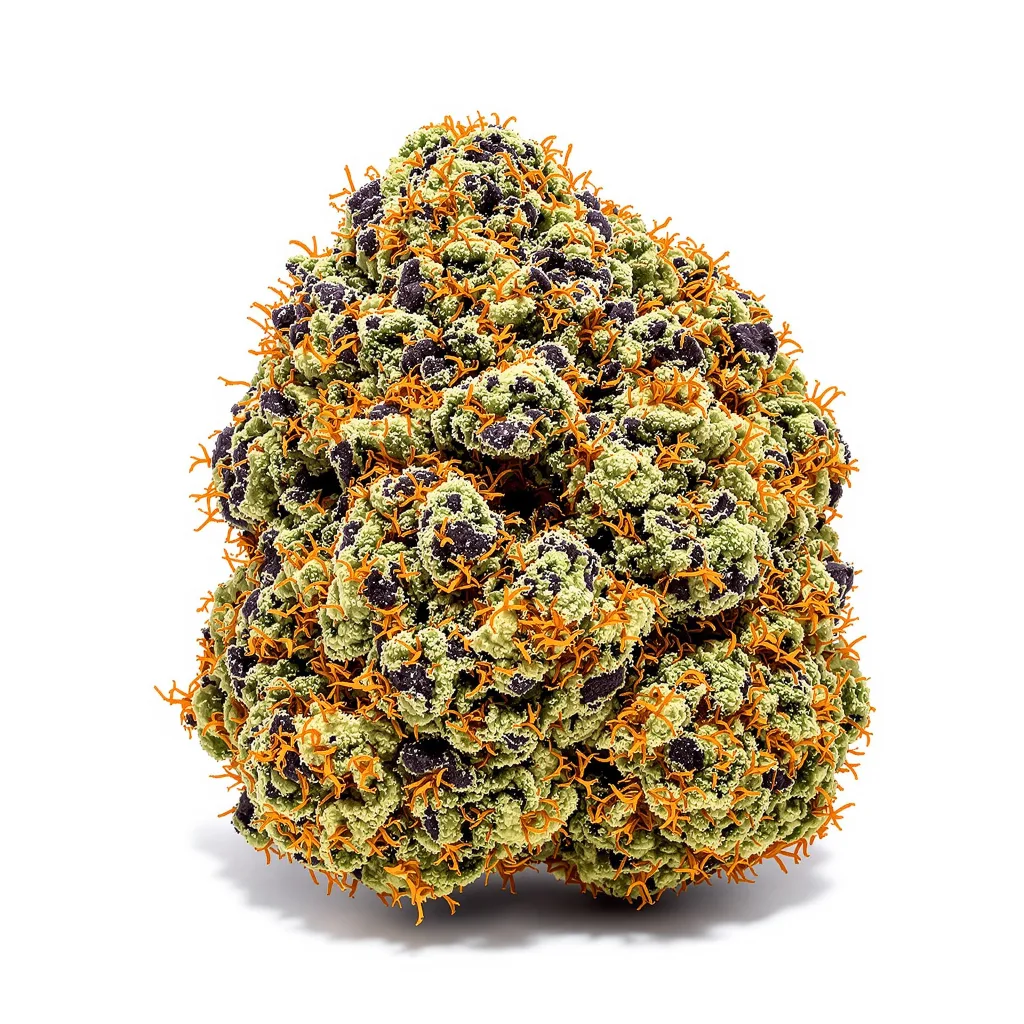 Wedding Pie 78% indica / 22% sativa — flor con tricomas visibles