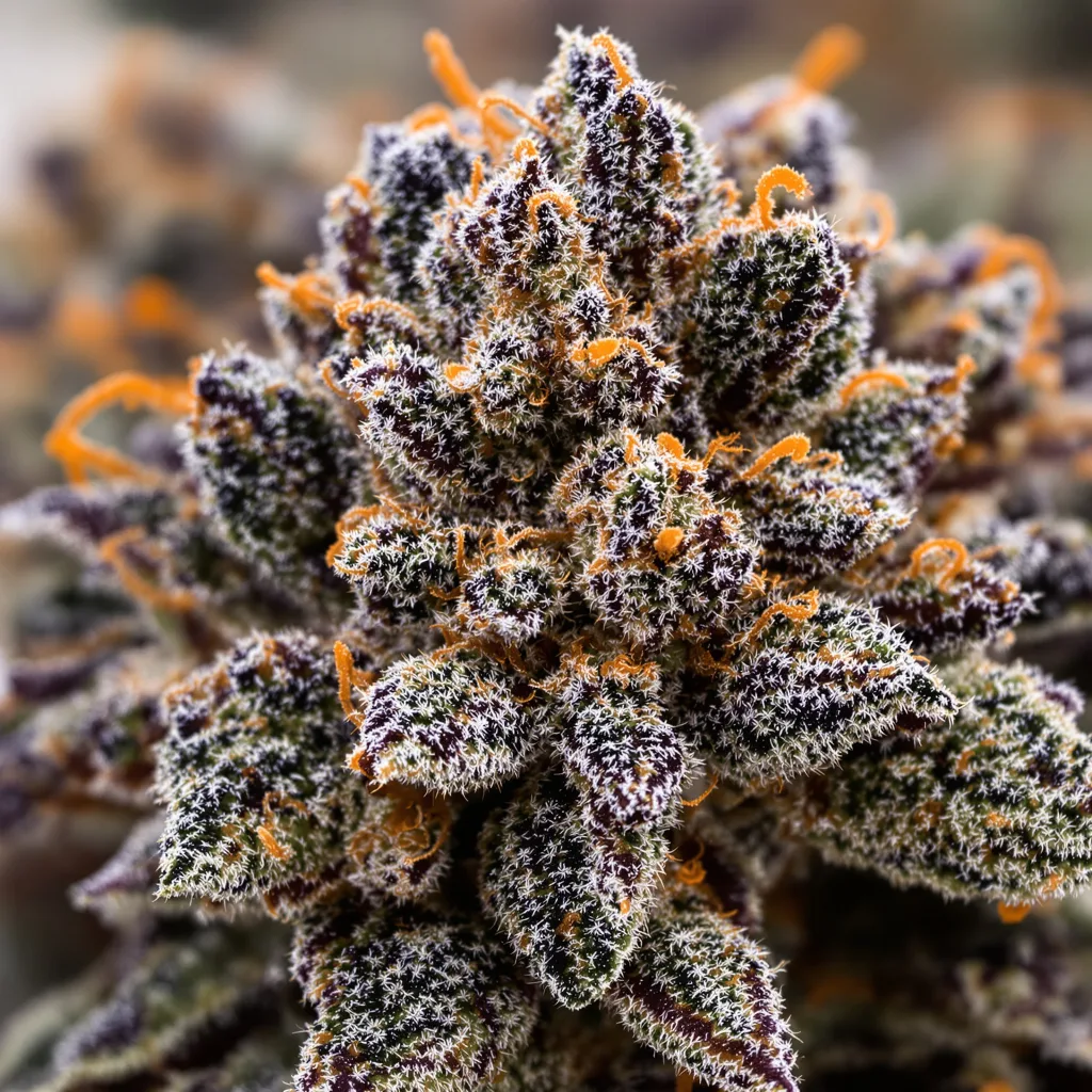 Primer plano de cogollo de cannabis West OG mostrando cálices densos con tonos morados