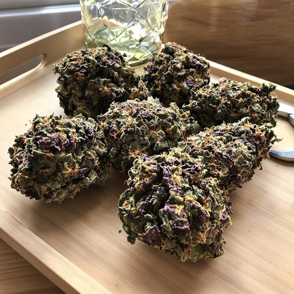 Whitaker Blues 77% indica / 23% sativa — flor con tricomas visibles