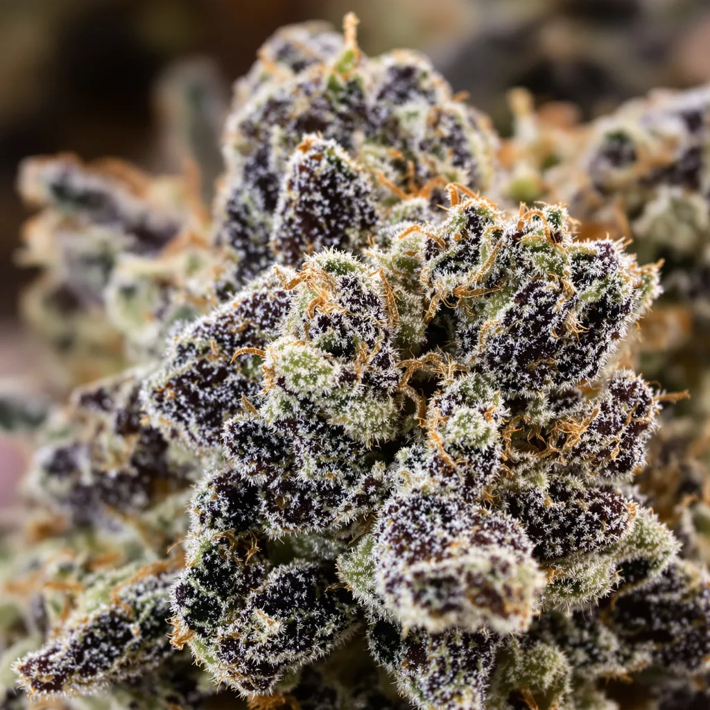 Primer plano de cogollo de cannabis Whitaker Blues mostrando cálices densos con tonos morados