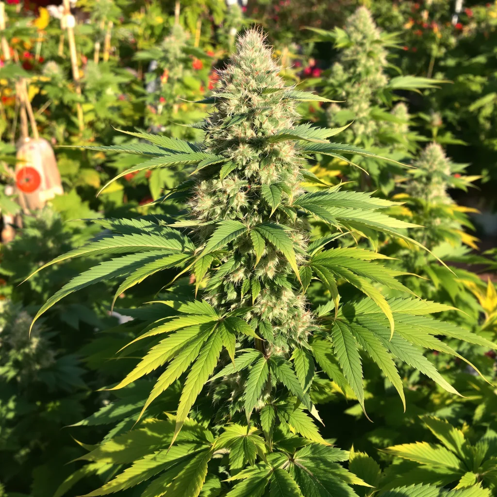 Whitaker Blues 77% indica / 23% sativa — flor con tricomas visibles