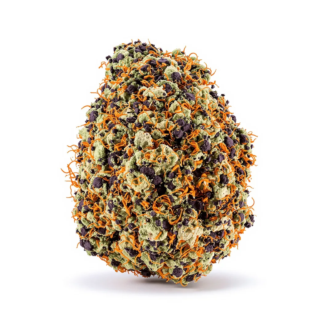 Whitaker Blues 77% indica / 23% sativa — flor con tricomas visibles