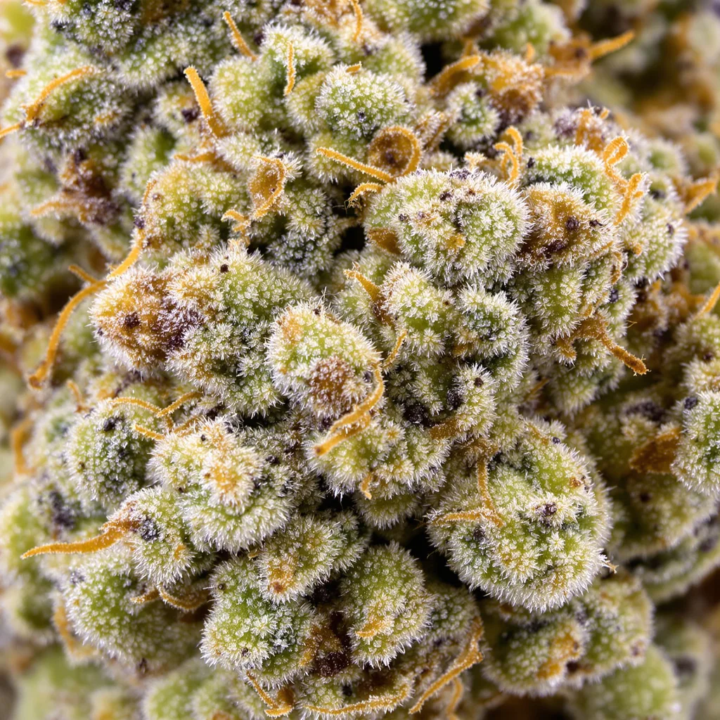 Primer plano de cogollo de cannabis White Berry mostrando cogollos densos verde bosque