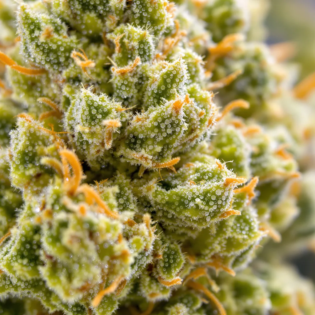 Primer plano de cogollo de cannabis White Buffalo mostrando estructura aireada verde lima