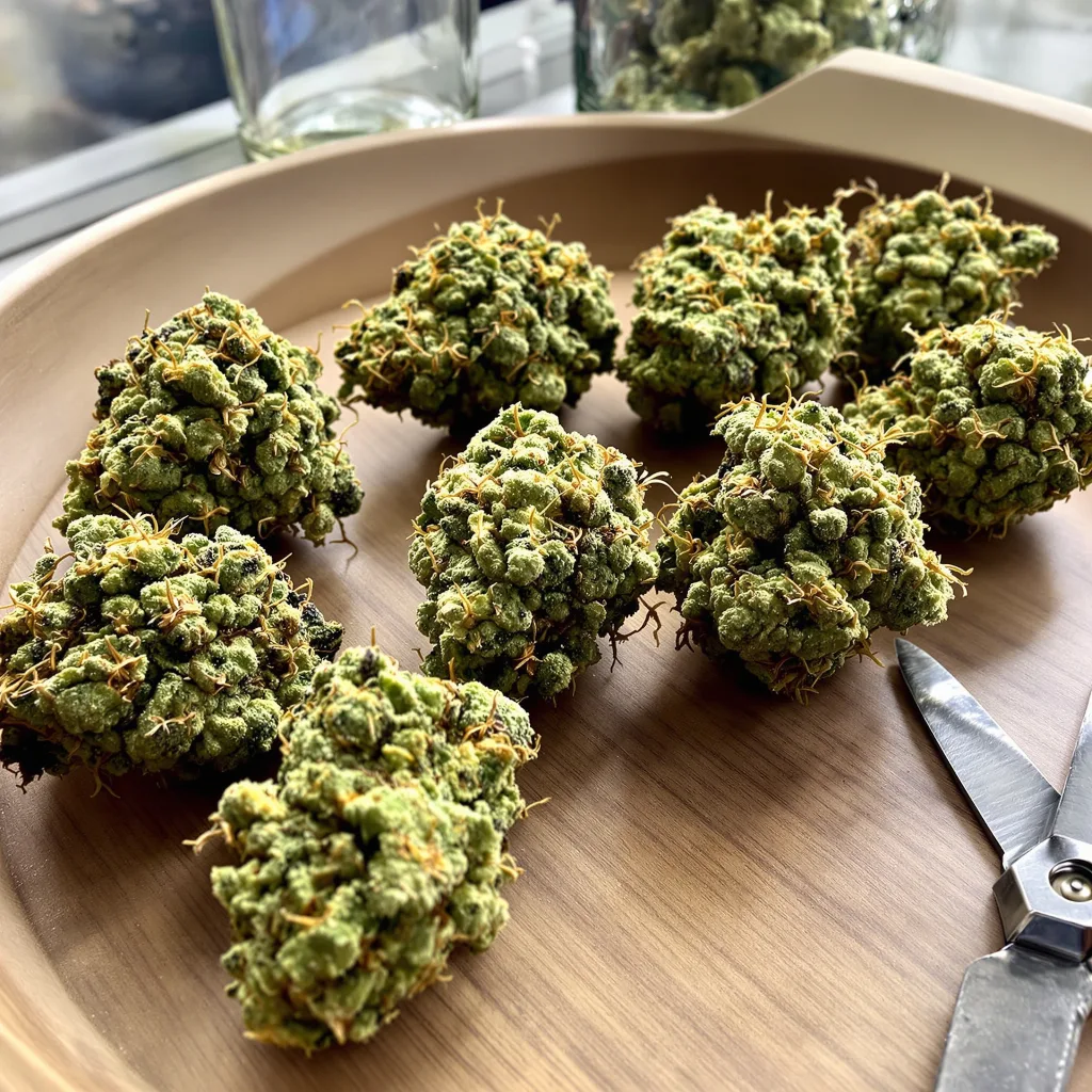 White Buffalo 20% indica / 70% sativa — flor con tricomas visibles