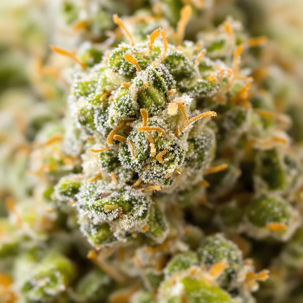 Primer plano de cogollo de cannabis White Buffalo mostrando estructura aireada verde lima