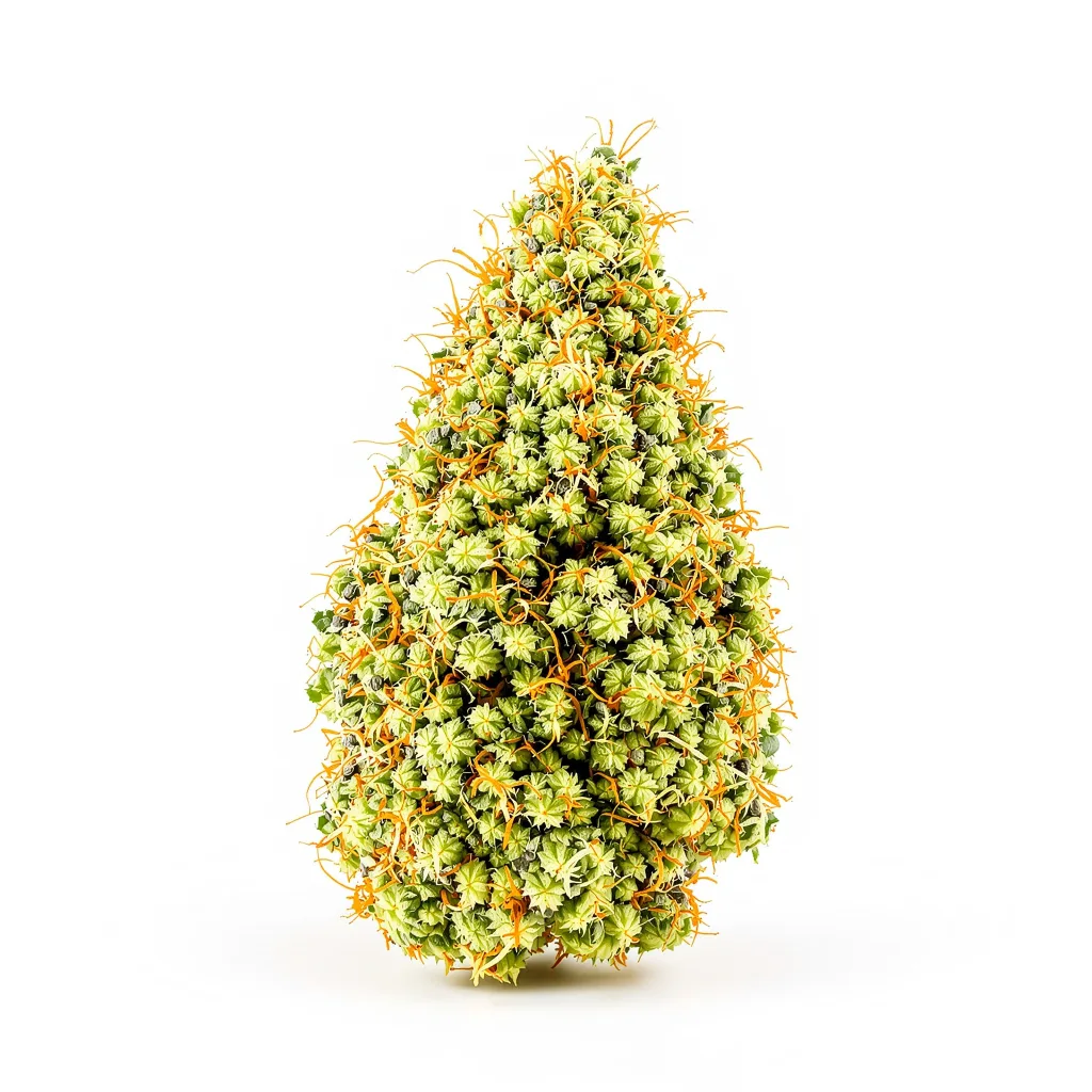 White Buffalo 20% indica / 70% sativa — flor con tricomas visibles