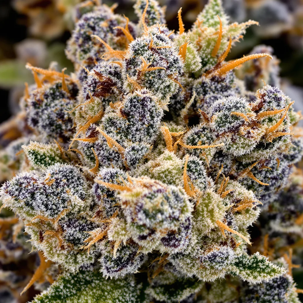 Primer plano de cogollo de cannabis White Fire 43 mostrando cálices densos con tonos morados