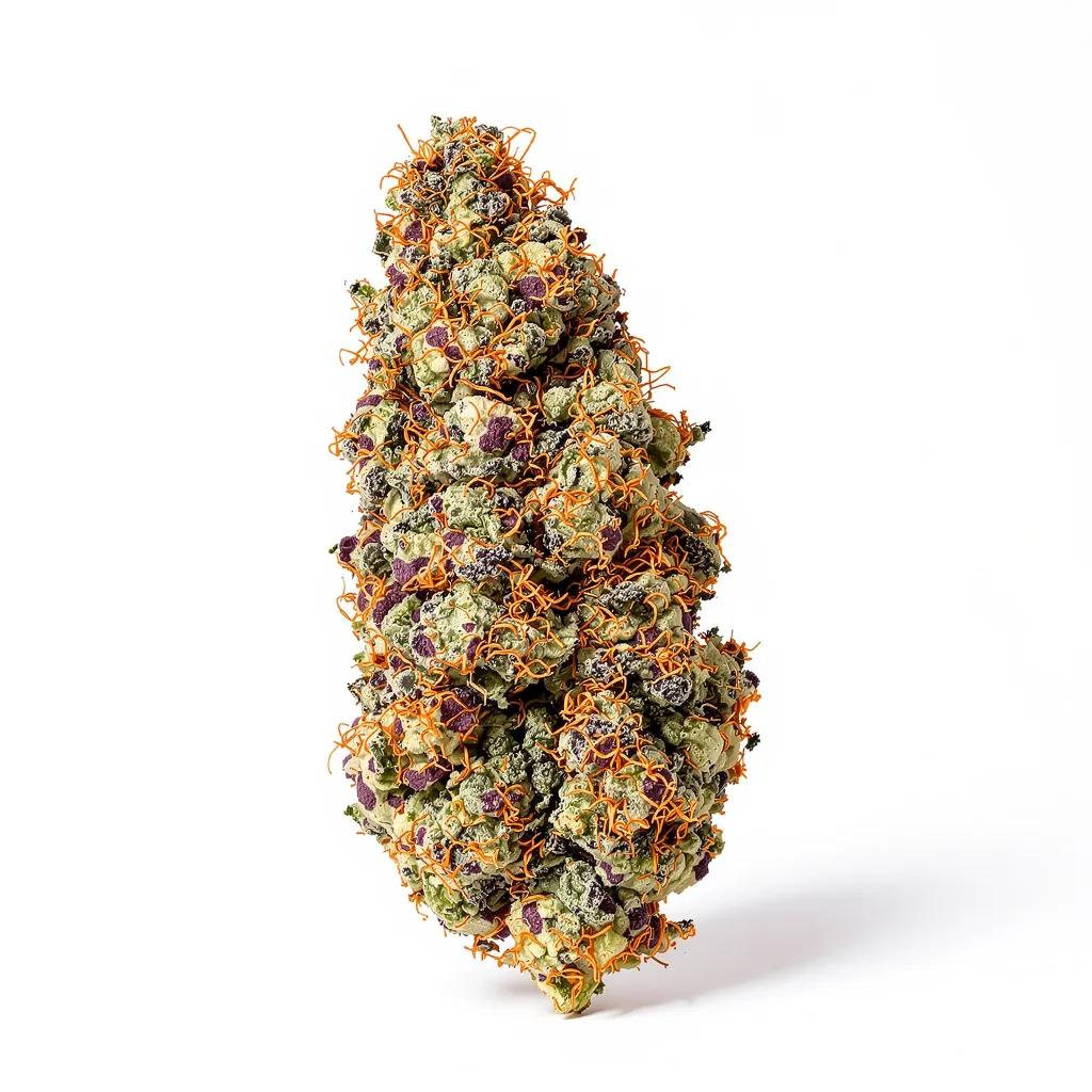 White Fire 43 77% indica / 23% sativa — flor con tricomas visibles
