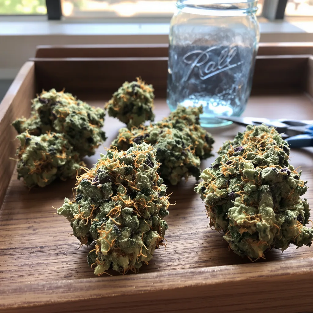 White Fire OG 60% indica / 40% sativa — flor con tricomas visibles