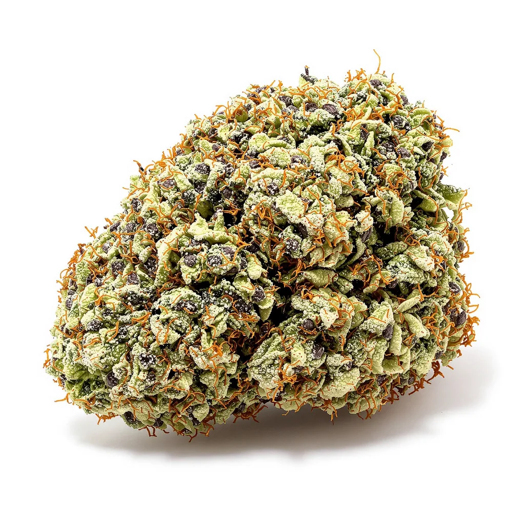 White Fire OG 60% indica / 40% sativa — flor con tricomas visibles