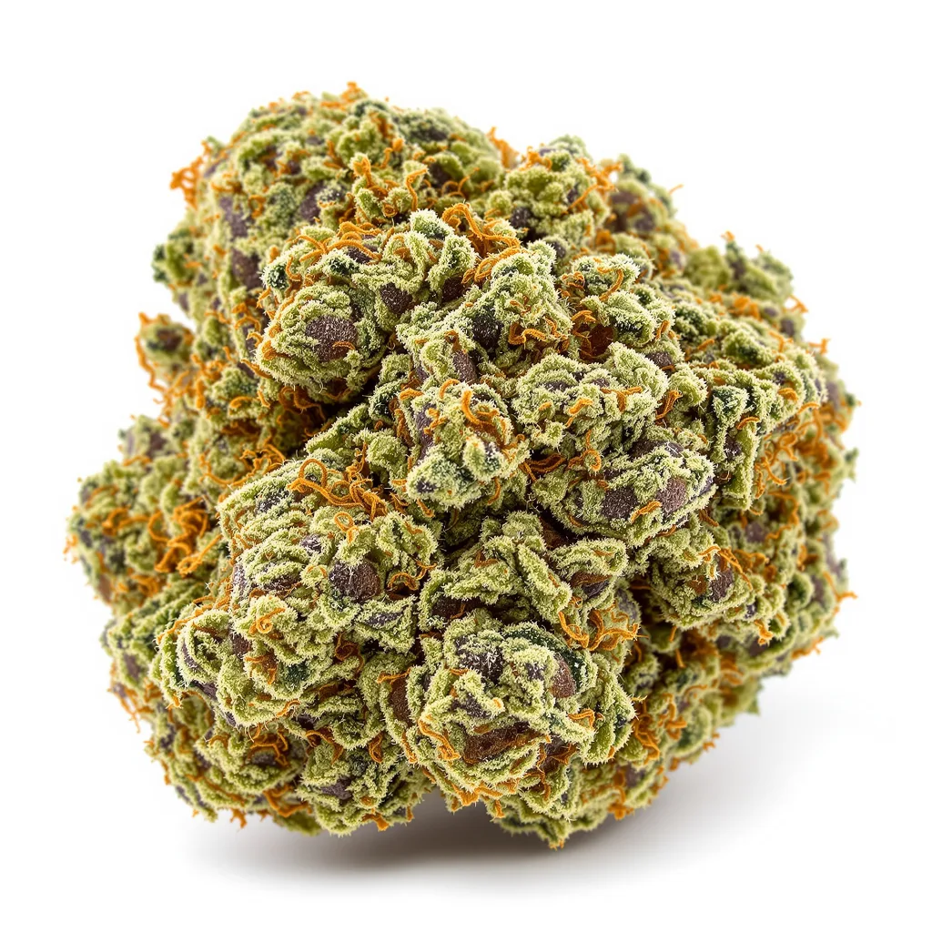 White Fire OG 60% indica / 40% sativa — flor con tricomas visibles