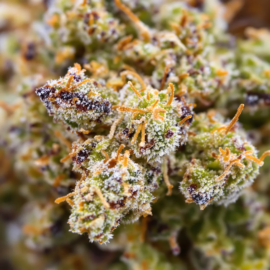 Primer plano de cogollo de cannabis White Gold mostrando cogollos densos verde bosque