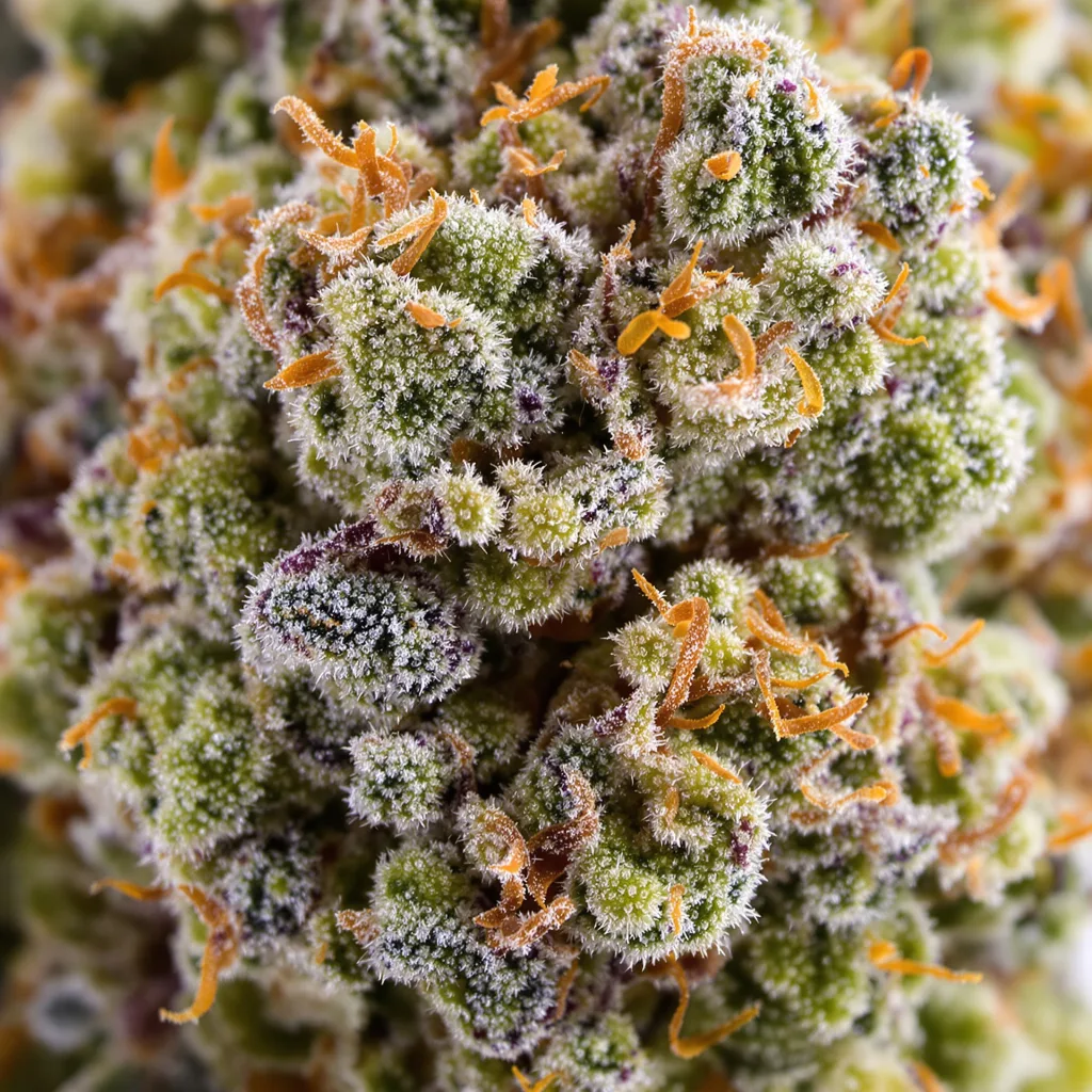 Primer plano de cogollo de cannabis White Kryptonite mostrando estructura equilibrada con tricomas escarchados