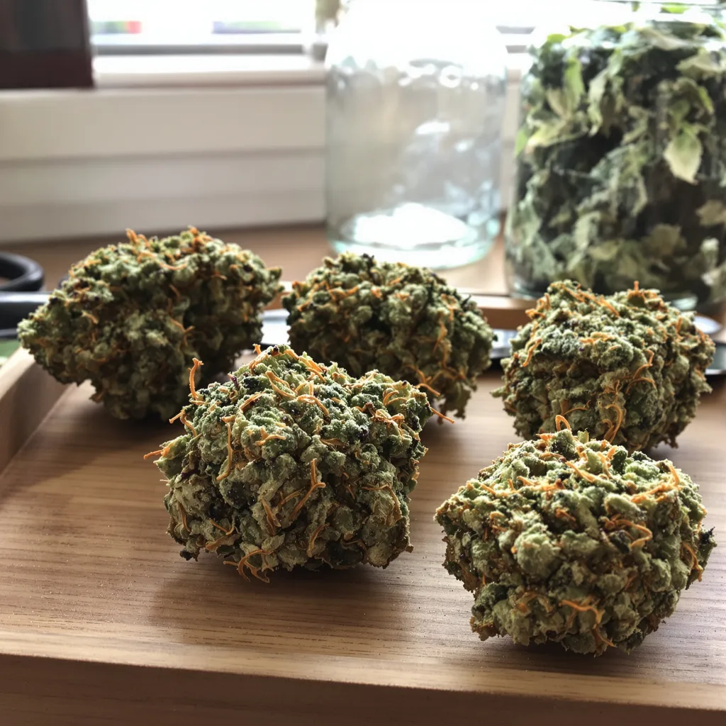 White Kush 64% indica / 36% sativa — flor con tricomas visibles