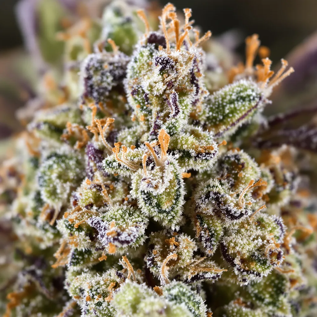 Primer plano de cogollo de cannabis White Lightning mostrando estructura equilibrada con tricomas escarchados