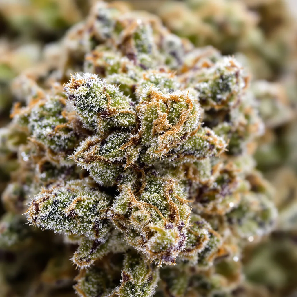 Primer plano de cogollo de cannabis White Lightning mostrando estructura equilibrada con tricomas escarchados