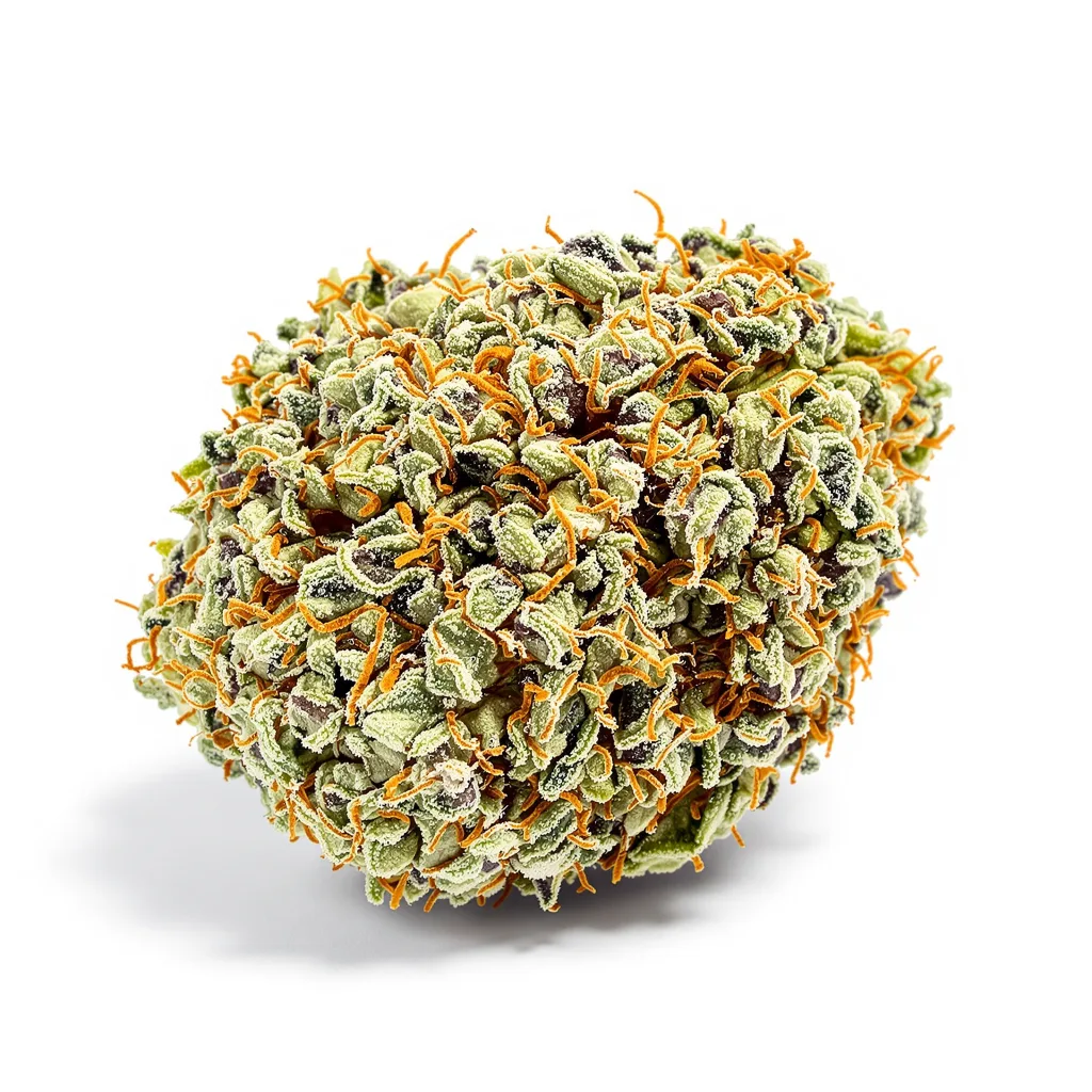 White Lightning 50% indica / 40% sativa — flor con tricomas visibles