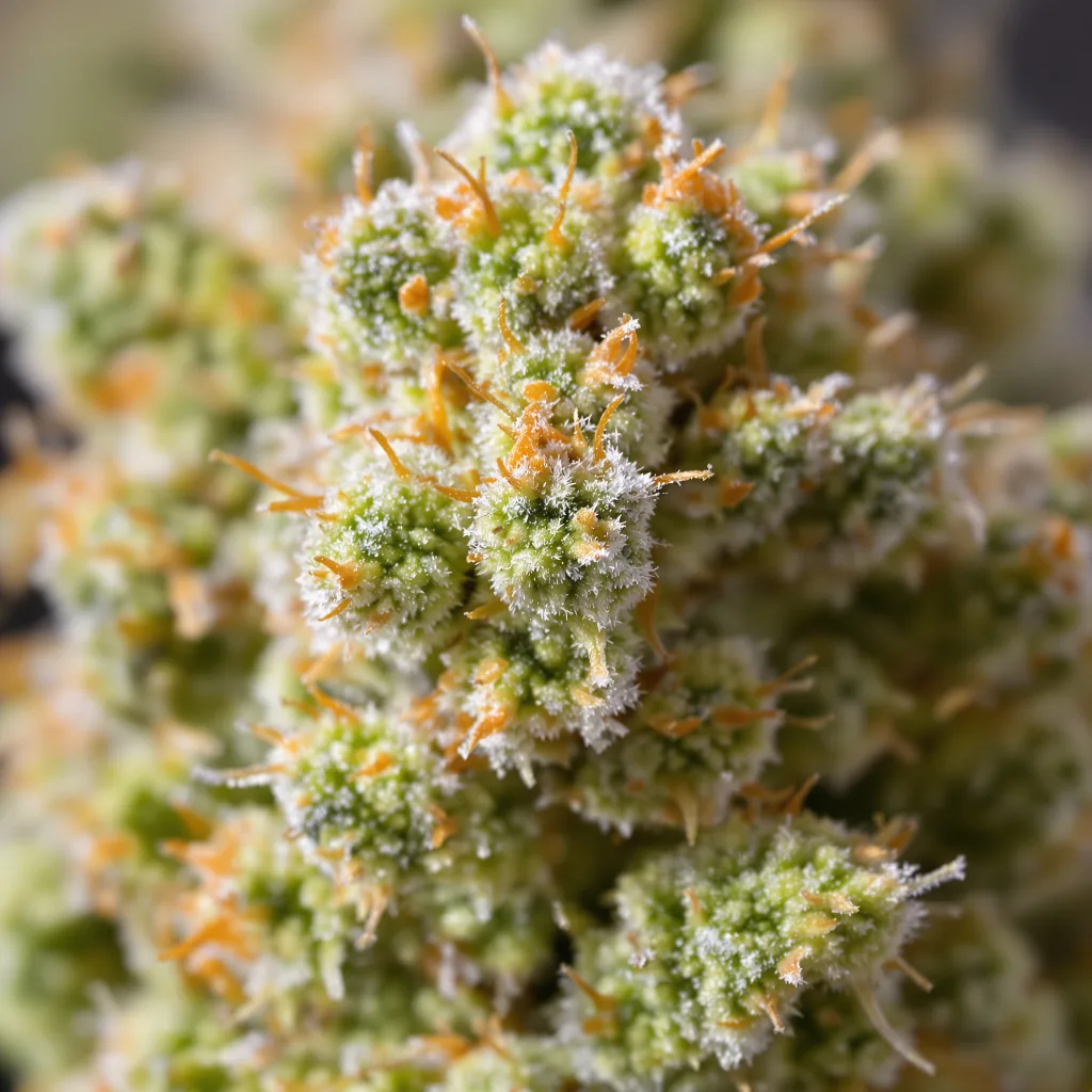 Primer plano de cogollo de cannabis White Nightmare mostrando estructura aireada verde lima
