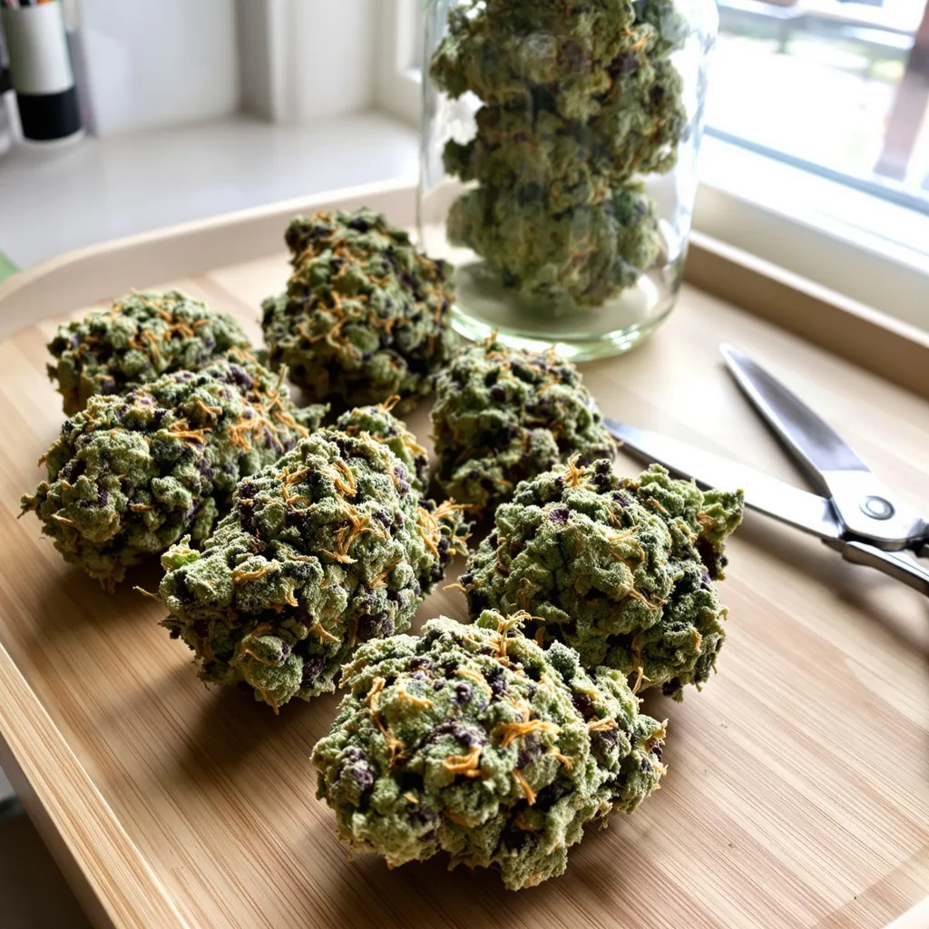 White OG 43% indica / 57% sativa — flor con tricomas visibles