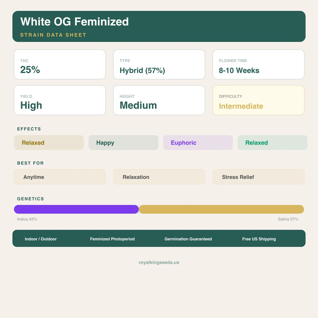 White OG 43% indica / 57% sativa — flor con tricomas visibles