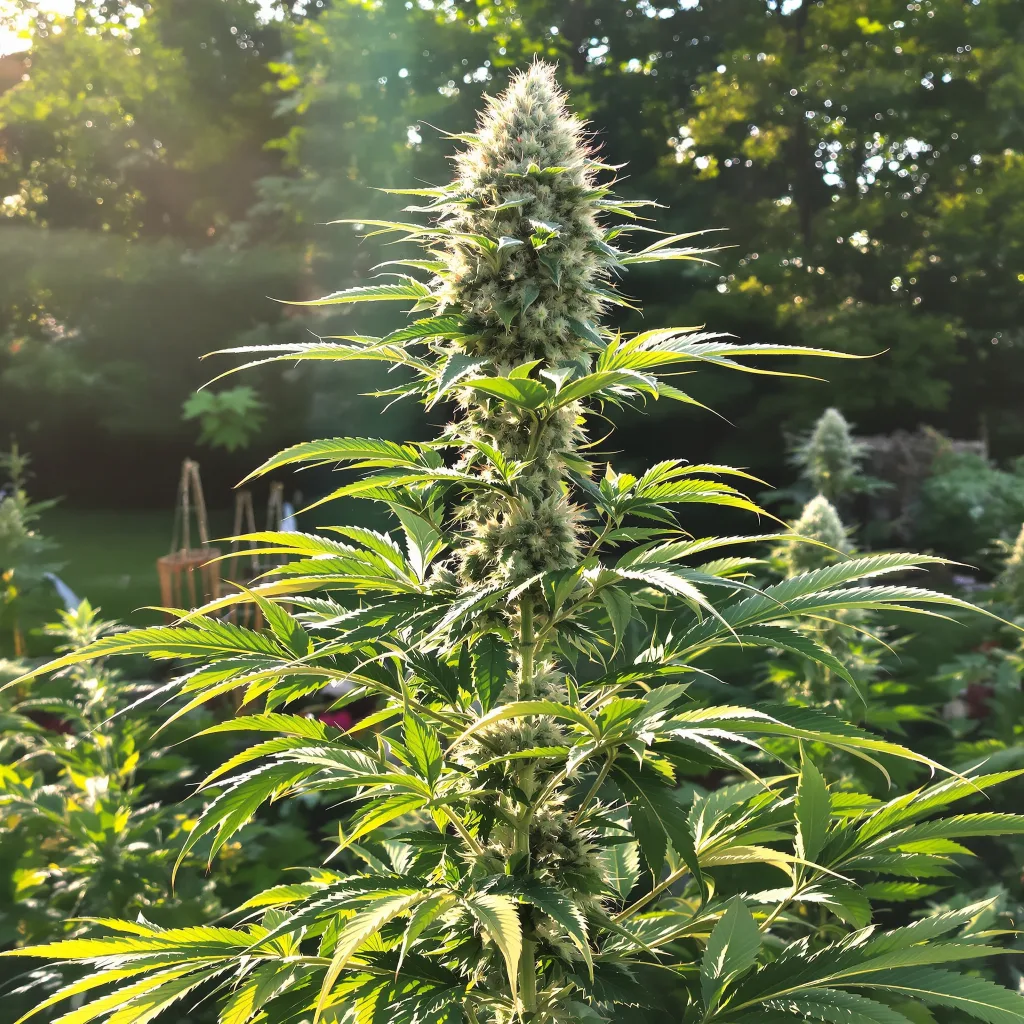 White OG 43% indica / 57% sativa — flor con tricomas visibles