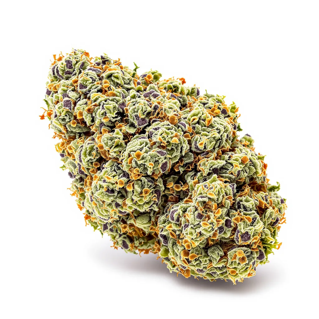 White OG 43% indica / 57% sativa — flor con tricomas visibles