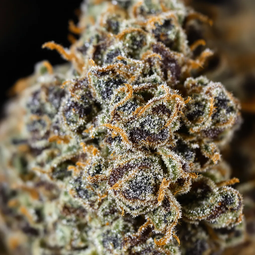 Primer plano de cogollo de cannabis White Rhino mostrando cálices densos con tonos morados