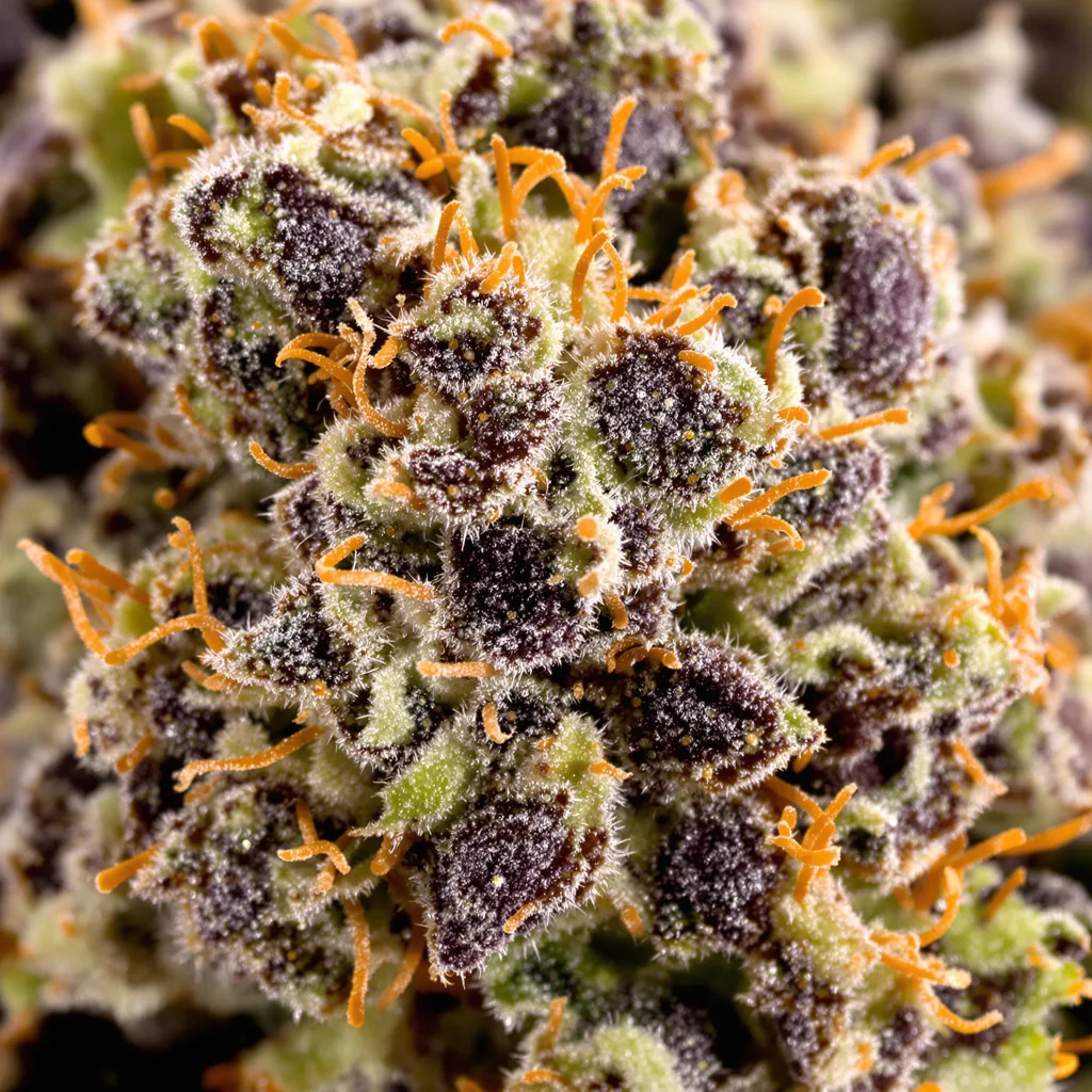 Primer plano de cogollo de cannabis White Runtz mostrando cálices densos con tonos morados