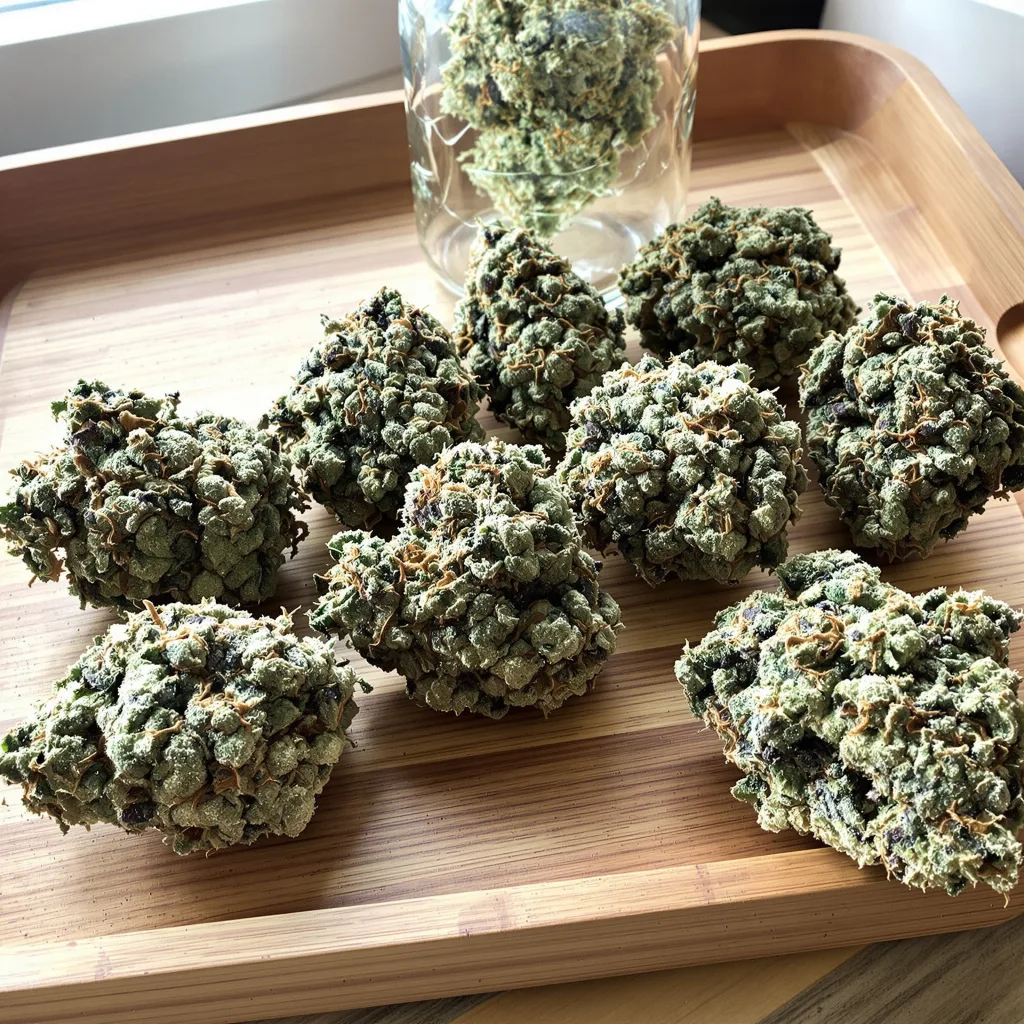 White Russian 50% indica / 50% sativa — flor con tricomas visibles