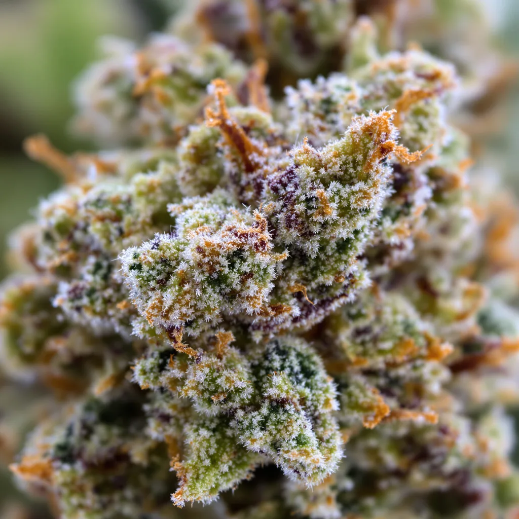 Primer plano de cogollo de cannabis White Russian mostrando estructura equilibrada con tricomas escarchados