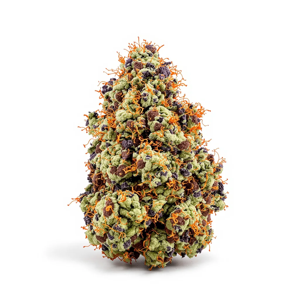 White Truffle 80% indica / 20% sativa — flor con tricomas visibles