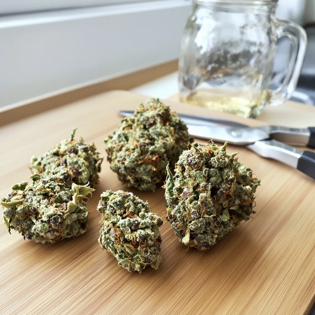 White Widow 50% indica / 40% sativa — flor con tricomas visibles
