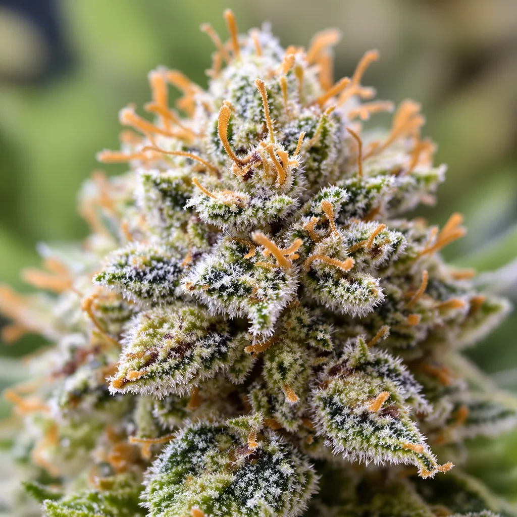 Primer plano de cogollo de cannabis White Widow mostrando estructura equilibrada con tricomas escarchados