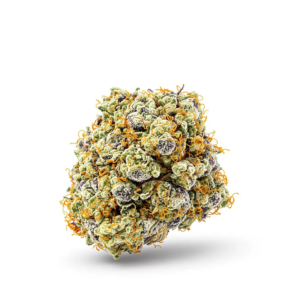 White Widow 50% indica / 40% sativa — flor con tricomas visibles