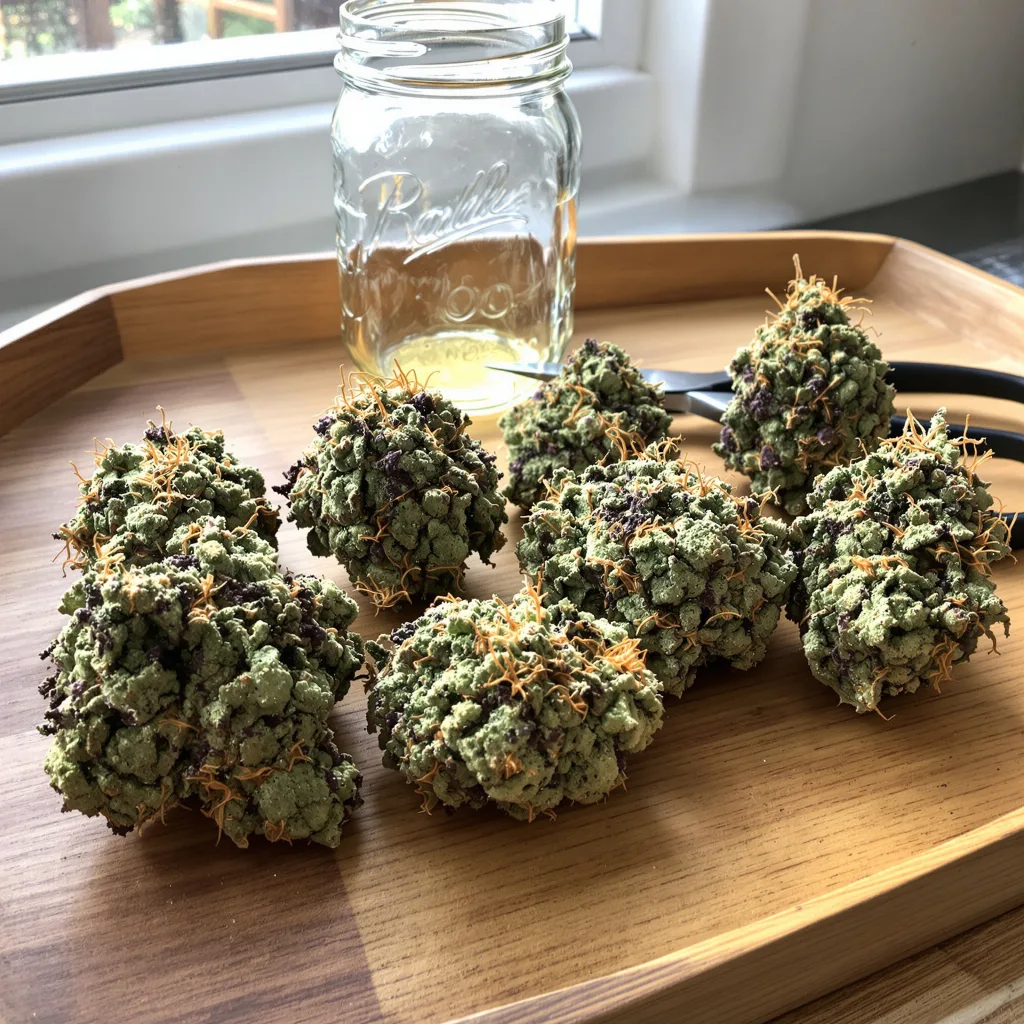 White Widow 50% indica / 40% sativa — flor con tricomas visibles