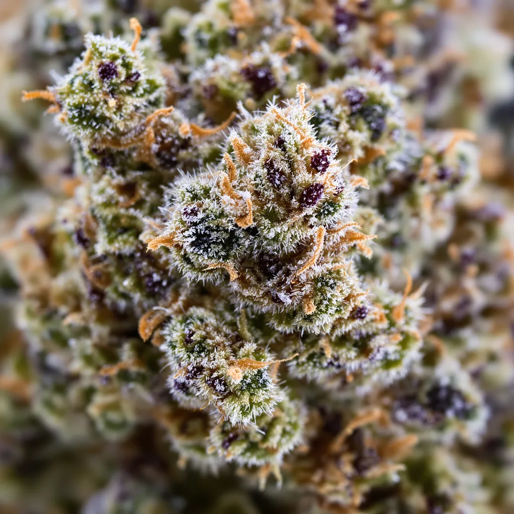 Primer plano de cogollo de cannabis White Widow mostrando estructura equilibrada con tricomas escarchados