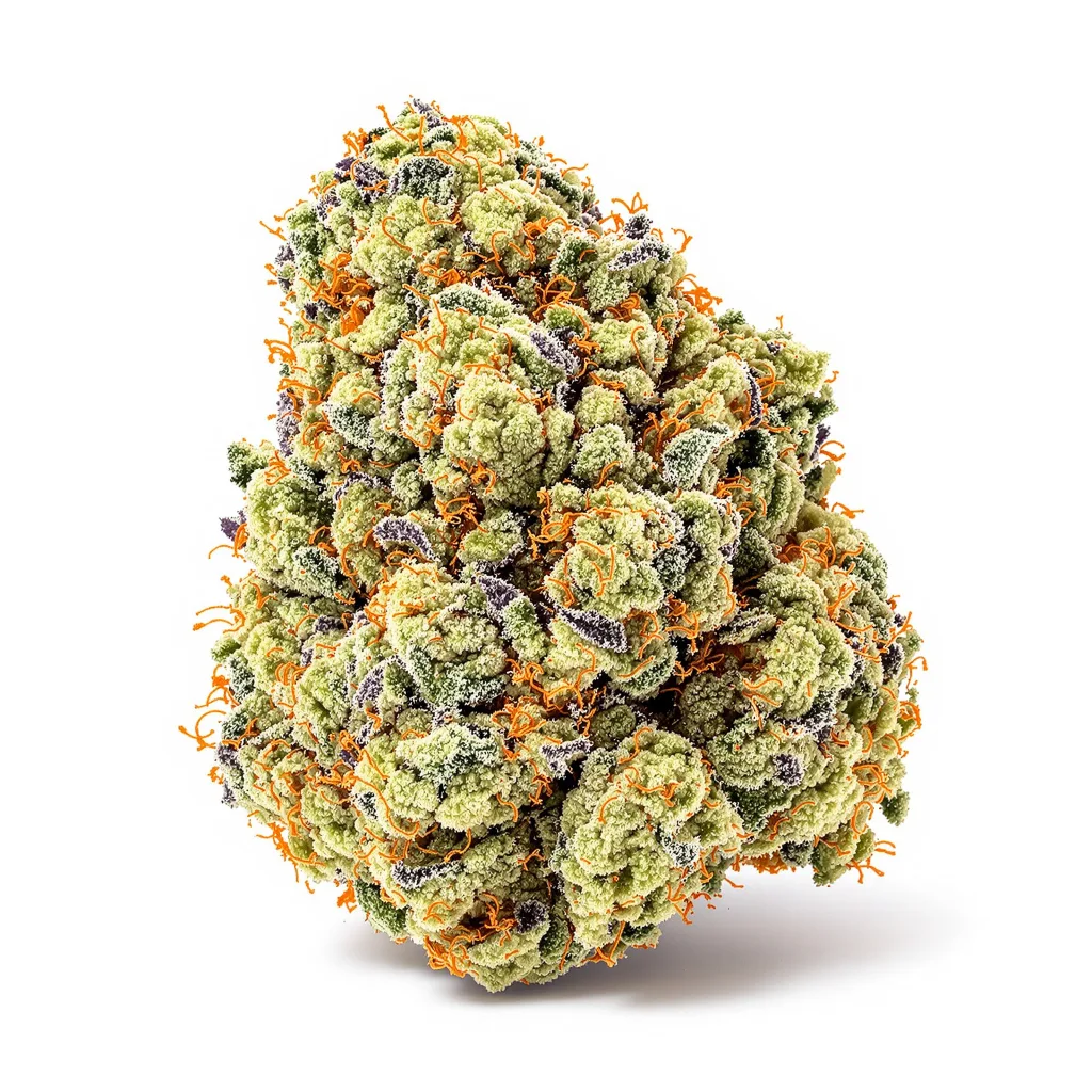 White Widow 50% indica / 40% sativa — flor con tricomas visibles