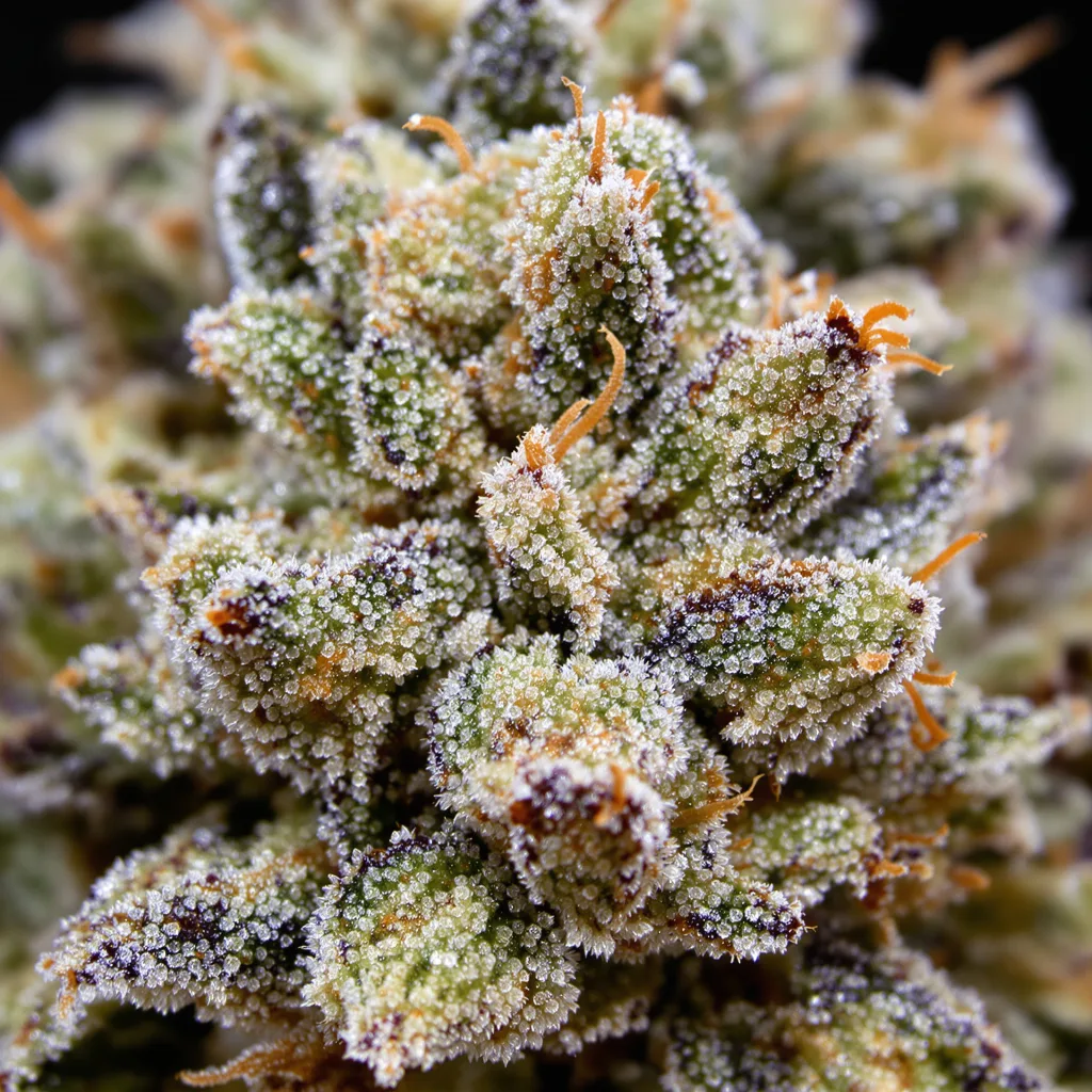 Primer plano de cogollo de cannabis Whiteout mostrando estructura abierta con pistilos naranjas