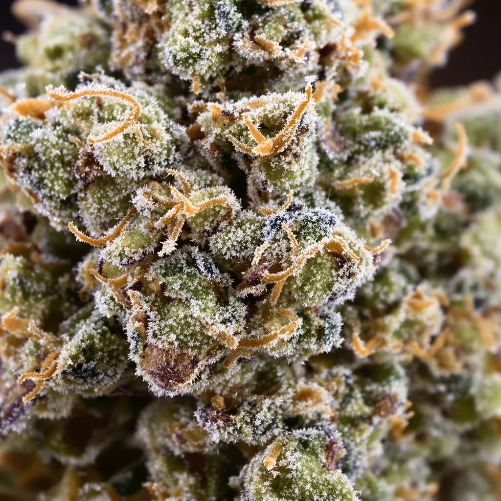 Primer plano de cogollo de cannabis Willie Nelson mostrando estructura abierta con pistilos naranjas