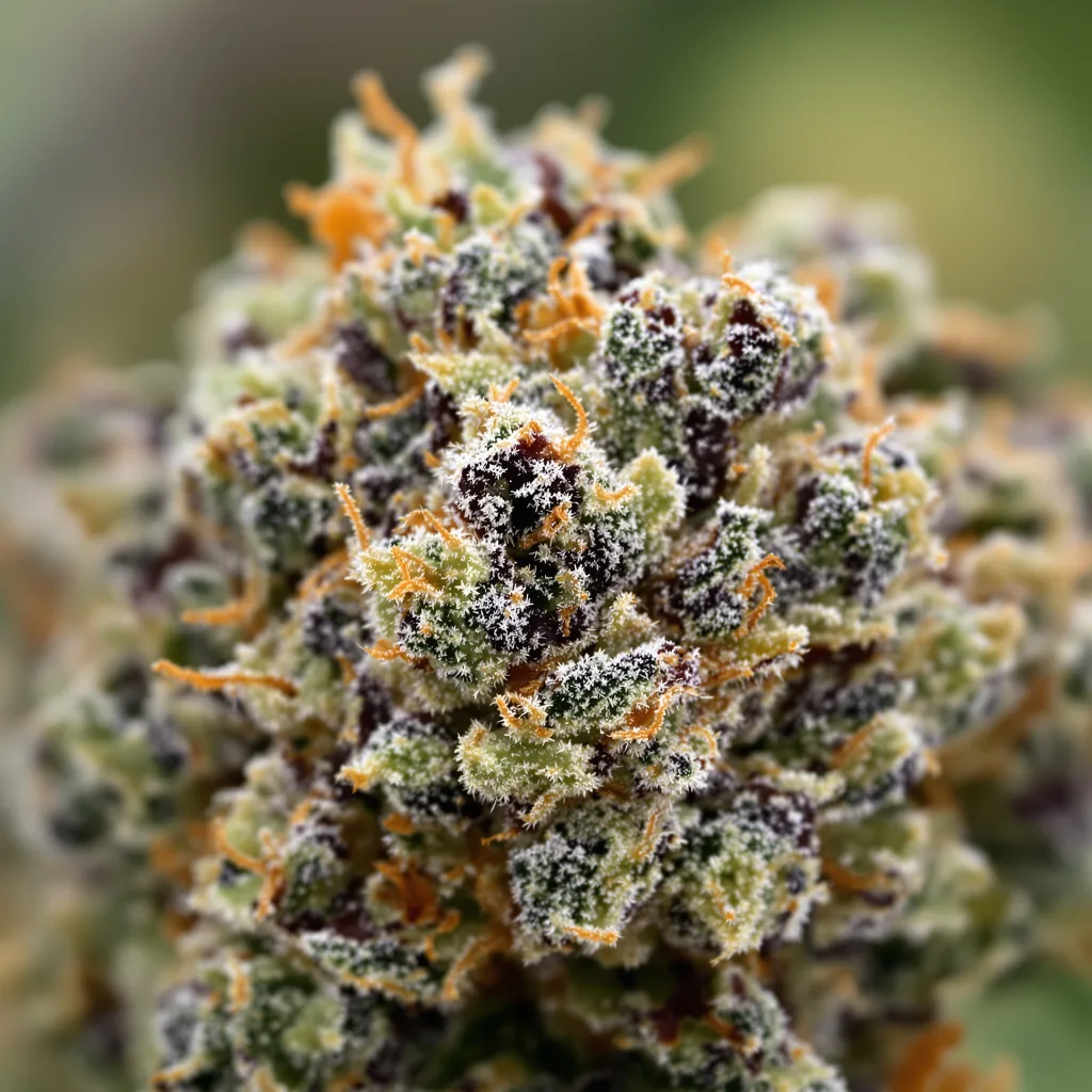 Primer plano de cogollo de cannabis WMD mostrando cálices densos con tonos morados