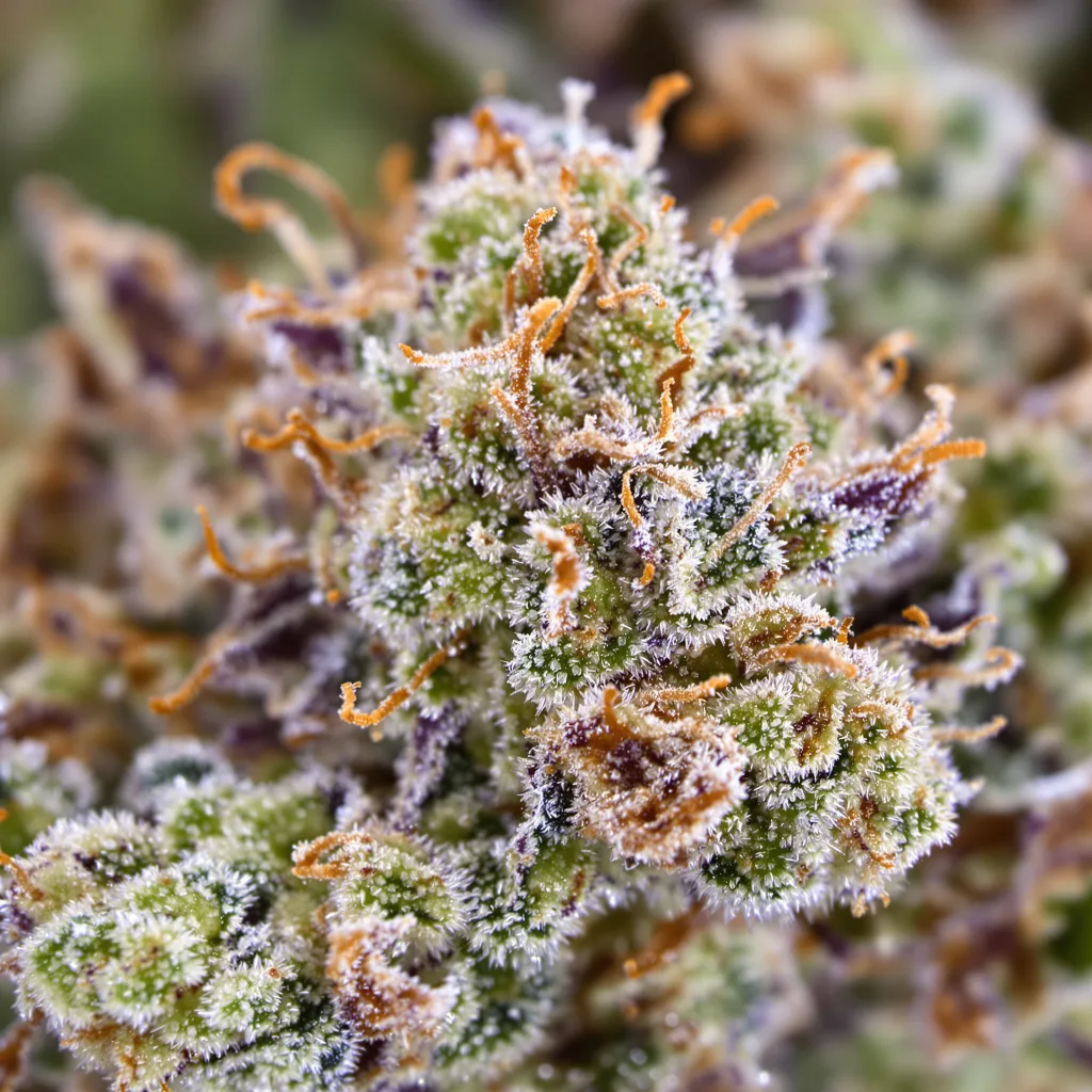 Primer plano de cogollo de cannabis Wonder Woman mostrando estructura equilibrada con tricomas escarchados