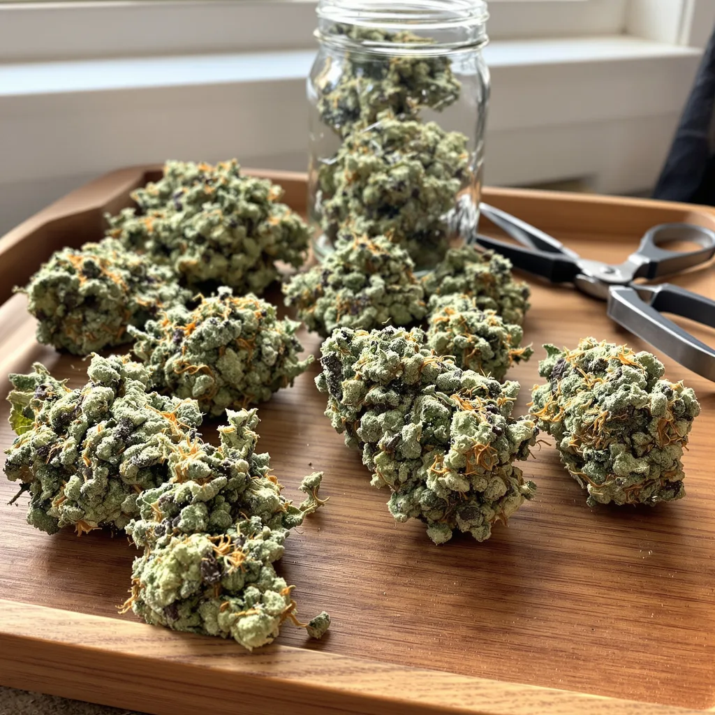 WTF 47% indica / 53% sativa — flor con tricomas visibles
