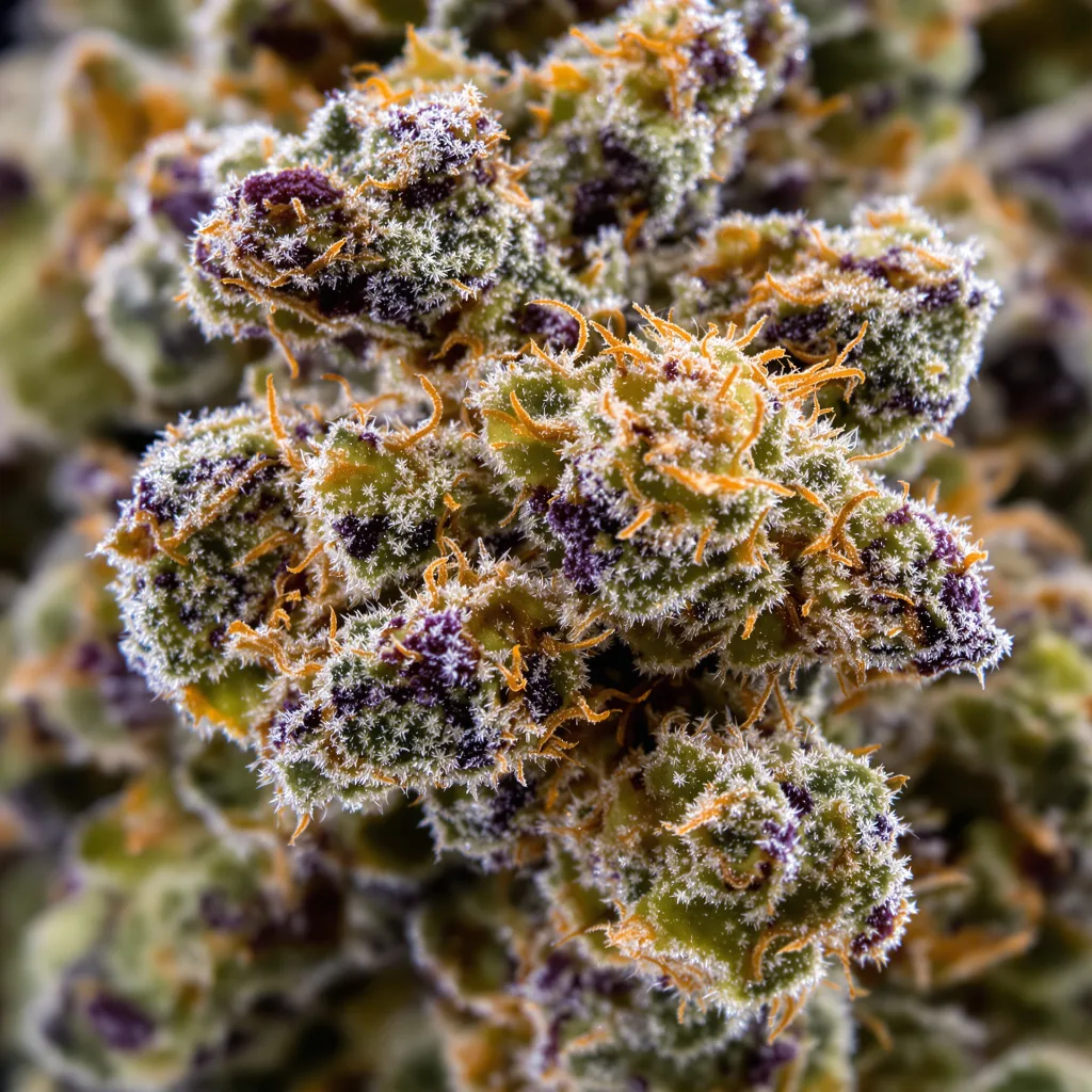 Primer plano de cogollo de cannabis WTF mostrando estructura equilibrada con tricomas escarchados