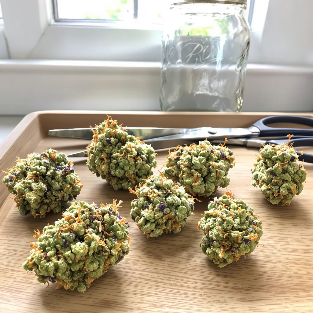 WTF 47% indica / 53% sativa — flor con tricomas visibles