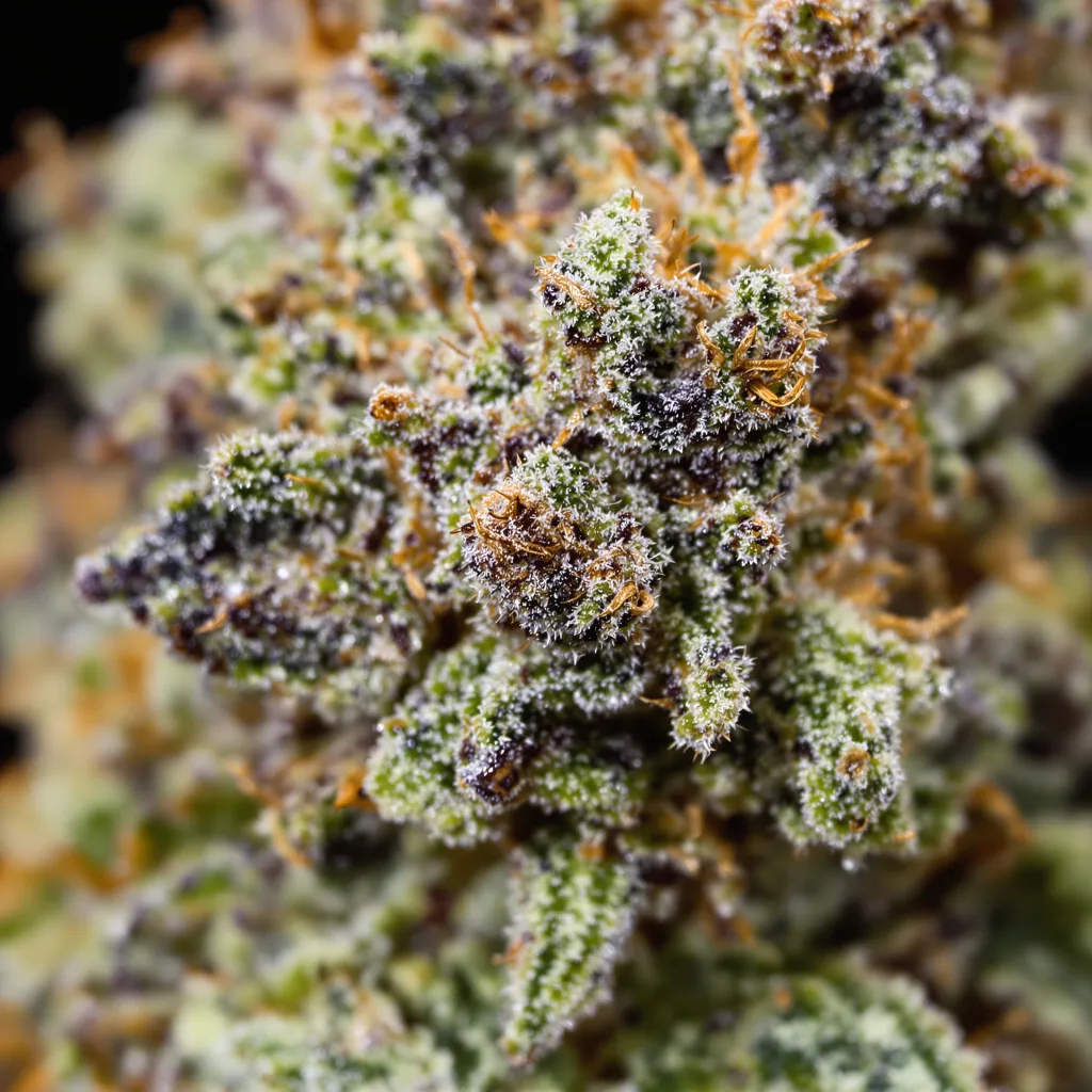 Primer plano de cogollo de cannabis X-Wing mostrando cálices densos con tonos morados