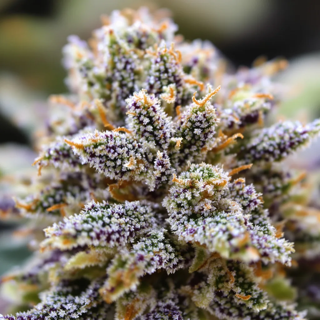 Primer plano de cogollo de cannabis XJ-13 mostrando estructura equilibrada con tricomas escarchados