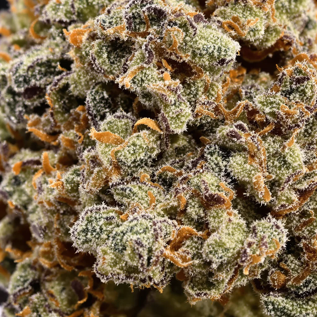 Primer plano de cogollo de cannabis XXX 420 mostrando cálices densos con tonos morados